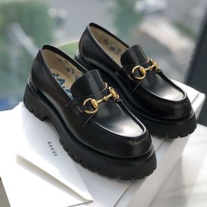 Auth Gucci Leather lug sole Horsebit Loafers | GG